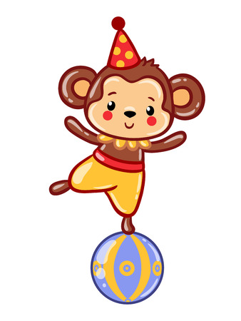 Circus happy birthday card design. Children vector illustration of a cute Circus monkey standing on a ball. Vector illustration.のイラスト素材