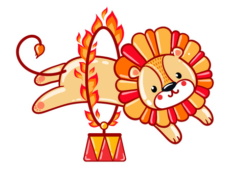 Circus lion jumping through a flaming ring. Cute vector illustration.のイラスト素材