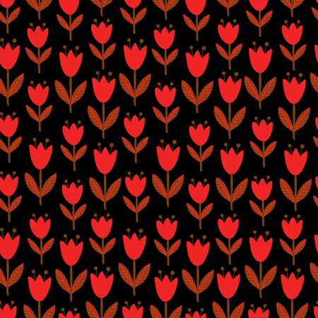 Vector seamless illustration with tulips on a dark background. Red and white flowers. Floral pattern.のイラスト素材
