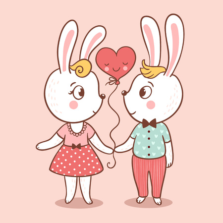Happy Valentines day vector card. Two happy rabbits in love.のイラスト素材