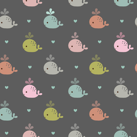 Vector abstract colorful fish seamless pattern, whales and hearts.のイラスト素材