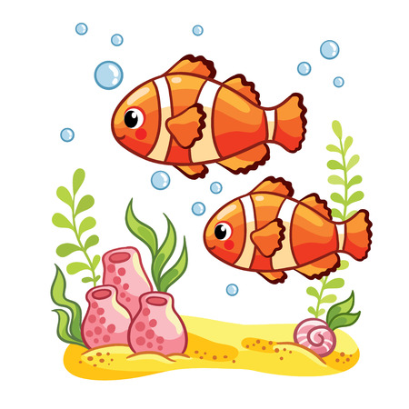 Colorful sea fish with seaweeds on sea bottom.のイラスト素材