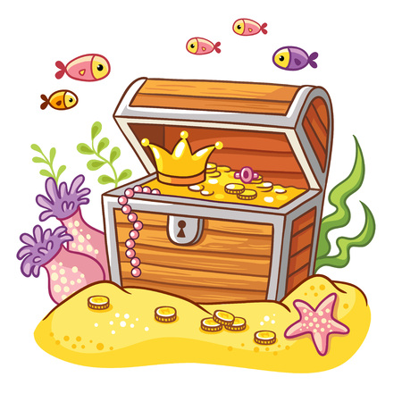 Chest with coins and crown on sea bottom with fish and seaweeds around.のイラスト素材