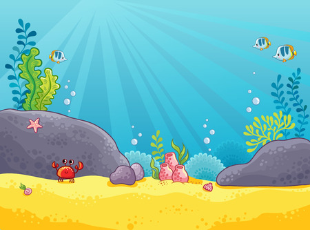 Marine background. Vector illustration of the underwater world. The picture in the style of children s cartoon.のイラスト素材