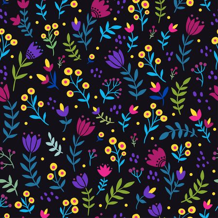 Seamless vector pattern with flowers on a black background. Texture with plants and berries.のイラスト素材