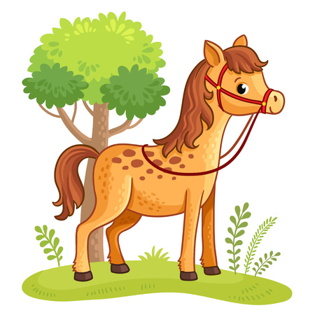 Cartoon horse standing in a meadow next to a tree. Vector illustration with cartoon animals.のイラスト素材