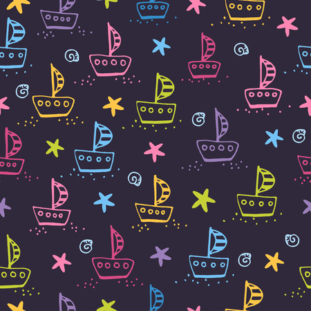 Vector seamless illustration of sailboats on a black background. Picture with a ship in the children s style.のイラスト素材