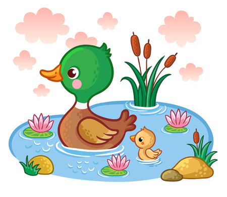 A duck with ducklings floats on the lake. Vector illustration with birds. Picture in the children's cartoon style.のイラスト素材