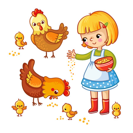 Girl feeding hens and chickens on a white background. Vector illustration in childrens, cartoon style.のイラスト素材