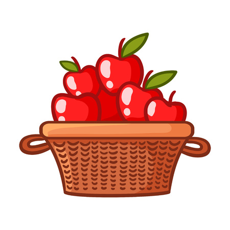 Basket with apples on a white background. Vector illustration with fruits in cartoon style.のイラスト素材