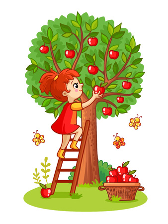 Girl on the stairs collects apples. Vector illustration with girl and apple tree on a white background.のイラスト素材