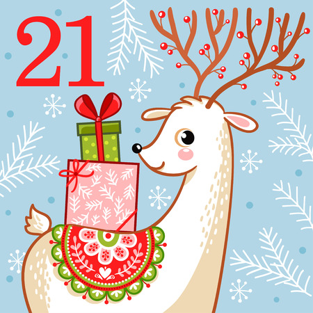 Vector christmas advent calendar in childrens style. Cute deer with Christmas gifts on his back. Illustration with an animal.のイラスト素材