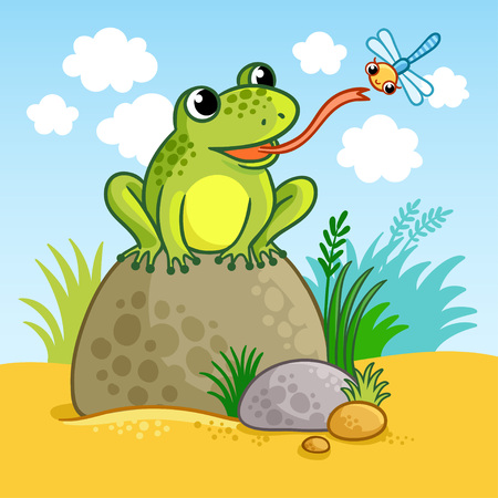 The frog sits on a large rock and catches a dragonfly. Cute vector illustration of a cartoon style.のイラスト素材