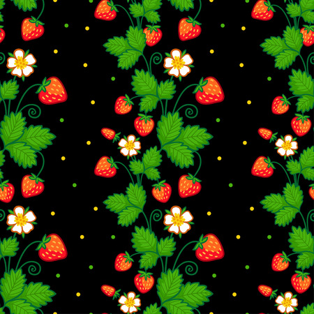 Seamless vector illustration with a bunch of strawberries on a black background. Pattern with strawberries.のイラスト素材