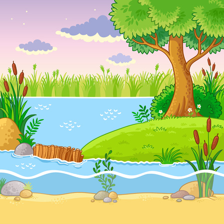 Vector illustration with a dam of beavers. Nature in the cartoon style. Cute water.のイラスト素材