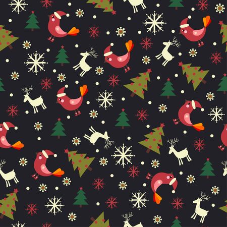 Christmas pattern with Christmas trees, snowflakes and animals. Vector seamless illustration with a black background.のイラスト素材
