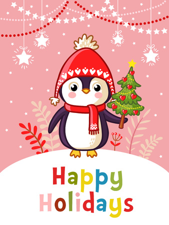 Christmas vector greeting card with cute penguin illustrationのイラスト素材