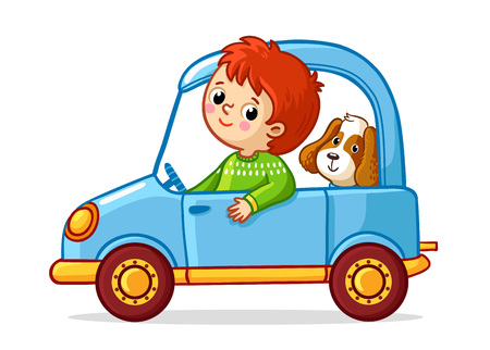 Boy with a dog is riding a blue car vector illustration cartoon style.のイラスト素材