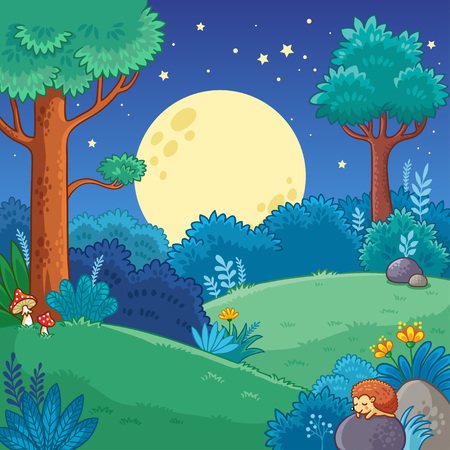 Night forest vector illustration with trees and moon in cartoon style.のイラスト素材