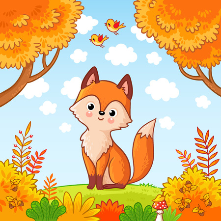 The fox sits in a clearing in the forest. Cute animal. Vector illustration with a predator in a children's style.のイラスト素材