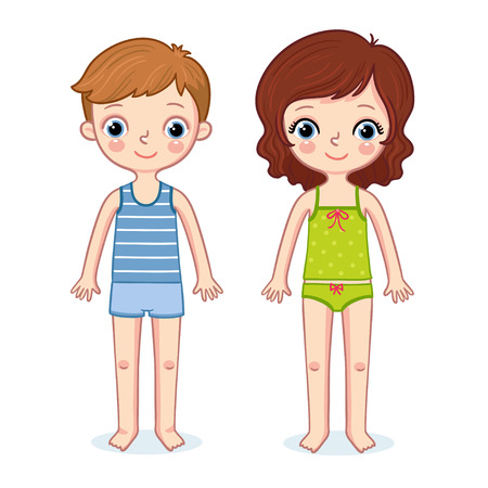 Boy and a girl are standing on a white background. A lot of kids are in cartoon style. Vector illustration with children.のイラスト素材