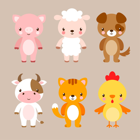 Vector set with cute animals in cartoon style. Illustration in a children's style on a beige background.のイラスト素材