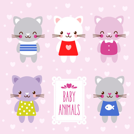 Illustration in a children's style with animals on a pink background. and place under the text.のイラスト素材