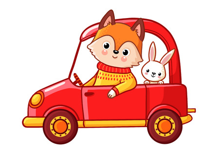 Fox with a hare ride on a red car. Vector illustration with cute animals on a white background.のイラスト素材