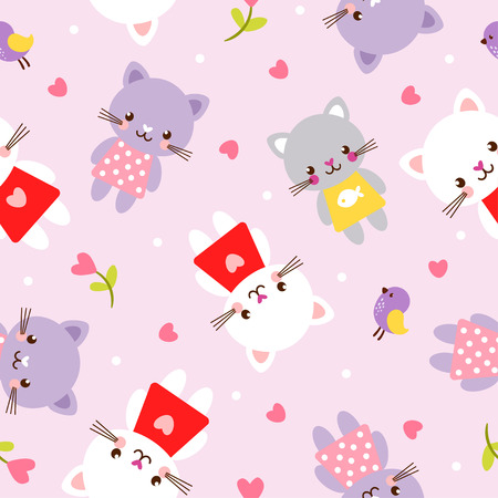 Vector seamless illustration with kittens. Picture in the children's, cartoon style. Pattern with petsのイラスト素材