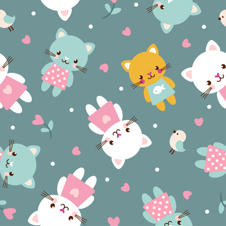 Vector, seamless illustration with kittens on a green background. Picture in the children's, cartoon style.のイラスト素材