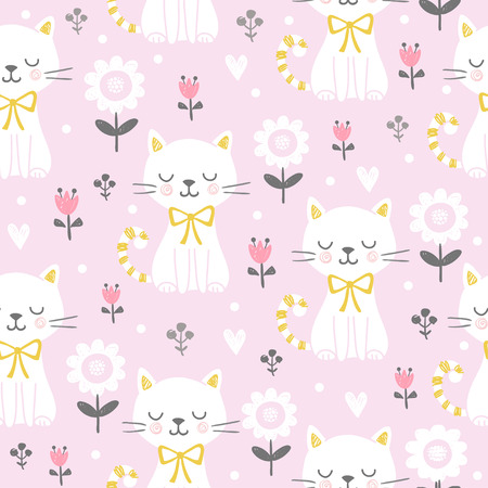 Vector seamless illustration with a cute cat on a pink background. Picture in the children's, cartoon style.のイラスト素材
