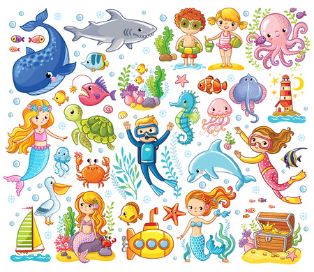 Vector set on a sea theme in a children's style. Sea animals.のイラスト素材