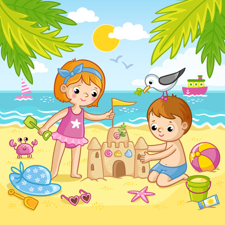 Boy and a girl are building a castle from the sand. Children playing on the beach by the sea. Vector illustration in children s style.のイラスト素材