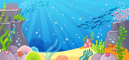 Sea bottom. Vector illustration with a background in cartoon style. Depths of the ocean.のイラスト素材