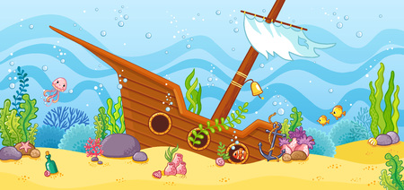 Sunken ship at the bottom of the sea. Vector illustration with a sailboat in cartoon style.のイラスト素材
