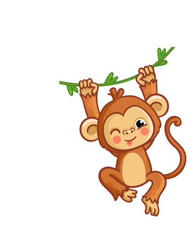 The monkey winks. The animal is hanging on the liana. Cute chimpanzee on a white background in cartoon style.のイラスト素材