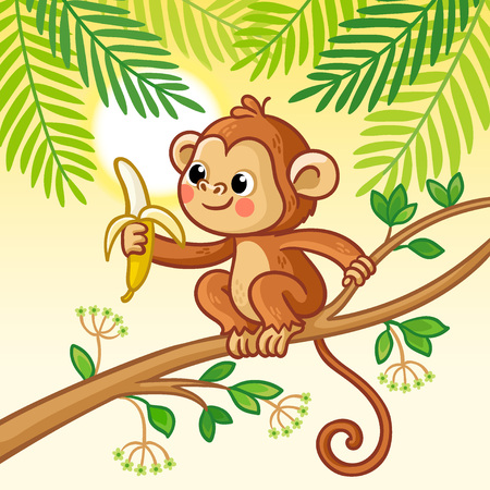 Monkey sits on a tree and eats a banana. Cute animal in cartoon style. Vector illustration.のイラスト素材