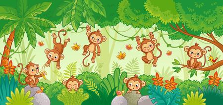 Vector set with monkey in various poses on jungle background. Macaques among the trees. Cute vector animal.のイラスト素材