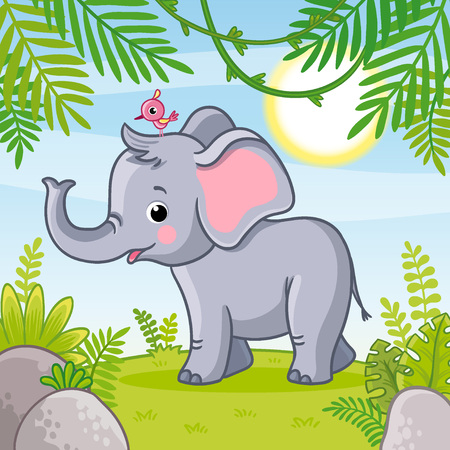 Baby elephant stands in a clearing. Vector illustration with animal in cartoon style.のイラスト素材
