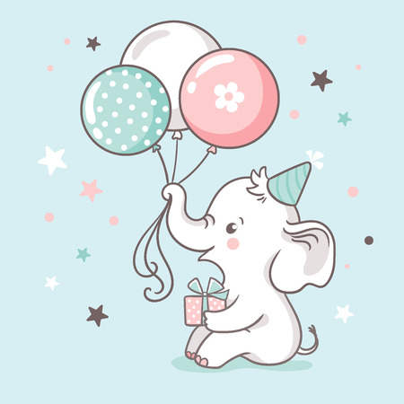 Cute white baby elephant holds a trunk of balloons. Baby shower invitation card. Vector illustration.のイラスト素材
