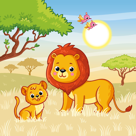 Lion and a lion cub are standing on the grass in the savannah. Vector illustration with cute animals in cartoon style.のイラスト素材