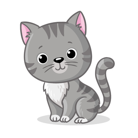 Gray kitten sitting on a white background. Cute pet in cartoon style. Vector illustration.のイラスト素材