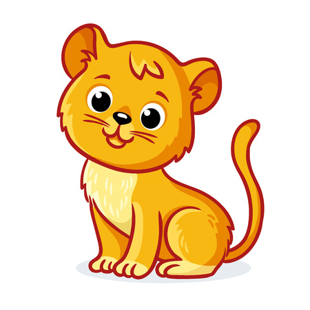Young lion cub sits on a white background. Cute animal in cartoon style. Vector illustration.のイラスト素材