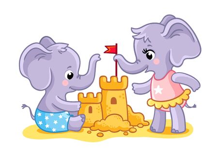 The elephants are playing on the beach in the sand. Animals build a castle. Vector illustration. Cute animals in cartoon style.のイラスト素材