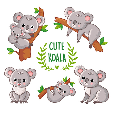 Vector illustration with koala in various poses. Collection of vector illustrations with a cute animal in cartoon style.のイラスト素材