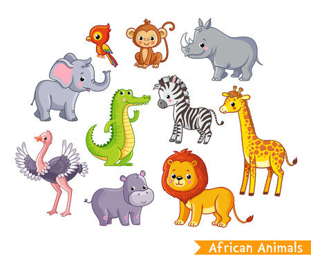 Vector set with african animals. A collection of cute mammals in the savannah in children's style.のイラスト素材