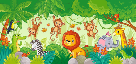 African animals in the jungle. Cute cartoon animals. Set of animals.のイラスト素材