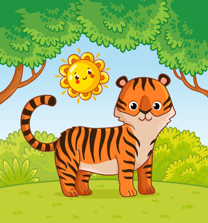 Tiger stands in the forest in the summer. Summer vector illustration in cartoon style.のイラスト素材