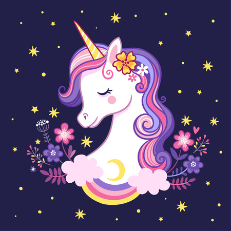 Cute unicorn on a purple background with stars and flowers. Vector illustration in cartoon style.のイラスト素材