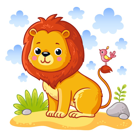 Cute young lion is sitting on a sand meadow. Cute african animal in cartoon style. Vector illustration.のイラスト素材